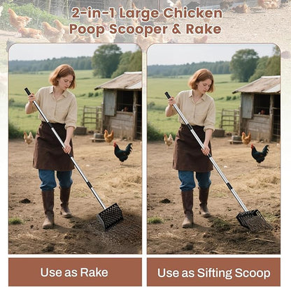 2-in-1 Chicken Poop Scooper & Rake,10" Wide Metal Sand Sifting Shovel with Grip,Chicken Coop Scoop for Poop Shavings Cleaning,Litter Scooper for Chicken Coop Accessories,Adjustable Handle (24" to 66")