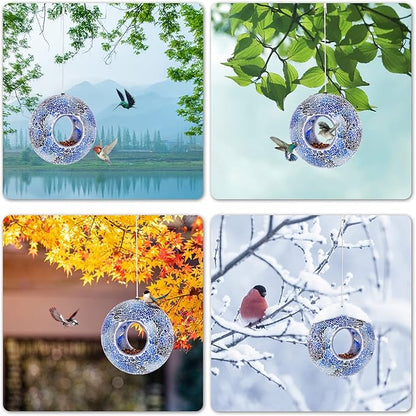 VCUTEKA Bird Feeder Mosaic Fly Through Bird Feeders for Outside Hanging with Round Shape Glass Container to Attract More Wild Birds for Garden, Yard, Backyard, Deck and Porch Decor, 8-Inch