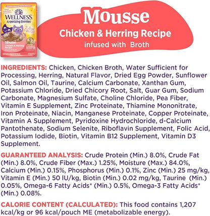 Wellness Appetizing Entrées Mousse, Adult Wet Cat Food, Natural, Protein-Rich, Grain-Free, 2.8 Ounce Pouch, 8 Pack, (Chicken & Herring Recipe)