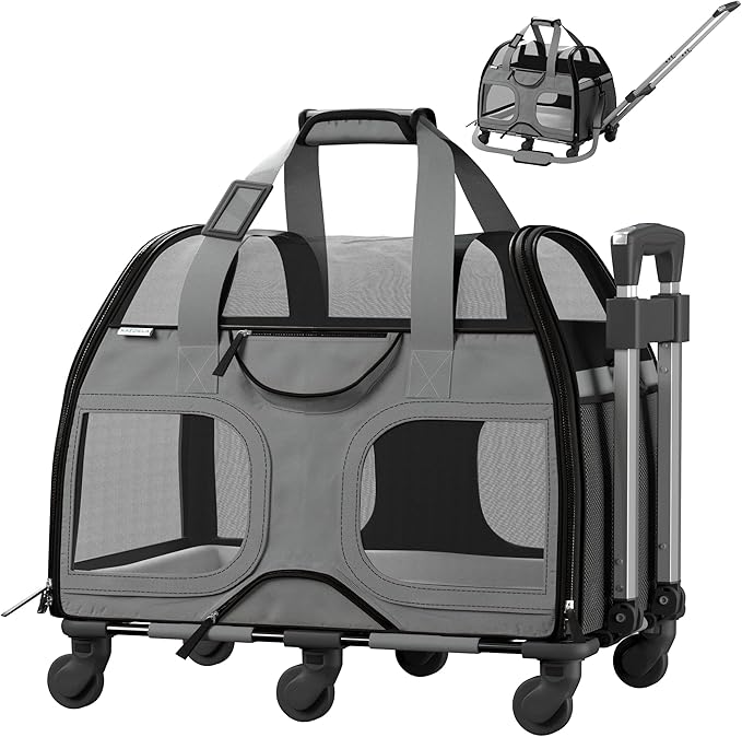 Katziela Rolling Pet Carrier for Small Dogs & Cats – Airline Compliant Soft-Sided Travel Bag with Removable Wheels, Telescopic Handle & Mesh Top (Gray/Black)