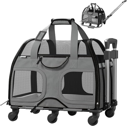 Katziela Rolling Pet Carrier for Small Dogs & Cats – Airline Compliant Soft-Sided Travel Bag with Removable Wheels, Telescopic Handle & Mesh Top (Gray/Black)