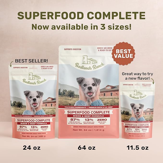 Superfood Complete, Air-Dried Adult Dog Food - High Protein, Zero Fillers, Superfood Nutrition by Katherine Heigl (11.5 oz, Beef & Bison Formula)
