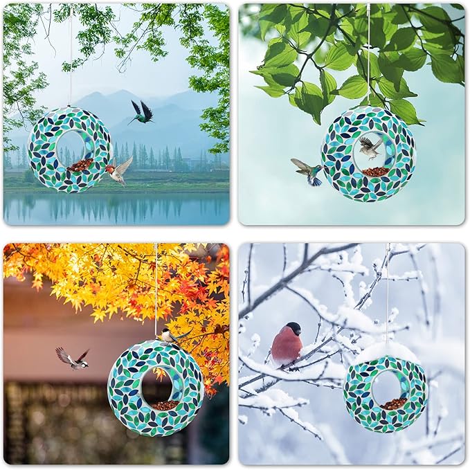 VCUTEKA Bird Feeder Mosaic Fly Through Bird Feeders for Outside Hanging with Round Shape Glass Container to Attract More Wild Birds for Garden, Yard, Backyard, Deck and Porch Decor, Green 10-Inch