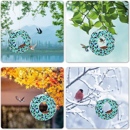 VCUTEKA Bird Feeder Mosaic Fly Through Bird Feeders for Outside Hanging with Round Shape Glass Container to Attract More Wild Birds for Garden, Yard, Backyard, Deck and Porch Decor, Green 10-Inch