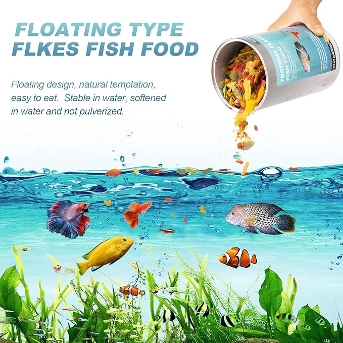 Ultrathin Tropical Fish Food Flakes - 8oz High Protein with Krill & Spirulina, Easy Swallow Color Enhancing & Growth for Betta Guppies Tetra Angelfish