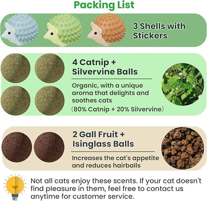 6 Pcs Catnip Ball Toys with Rubbing Shell, Lickable Roller Catnip Toys for Cats Chew, Edible and Refillable Kitten Toys, Teeth Cleaning Dental Indoor Cat Treats Toys, 3 Shells 6 Balls