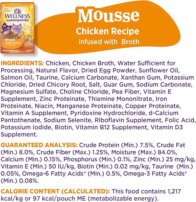 Wellness Appetizing Entrées Mousse, Adult Wet Cat Food, Natural, Protein-Rich, Grain-Free, 2.8 Ounce Pouch, 8 Pack, (Chicken Recipe)