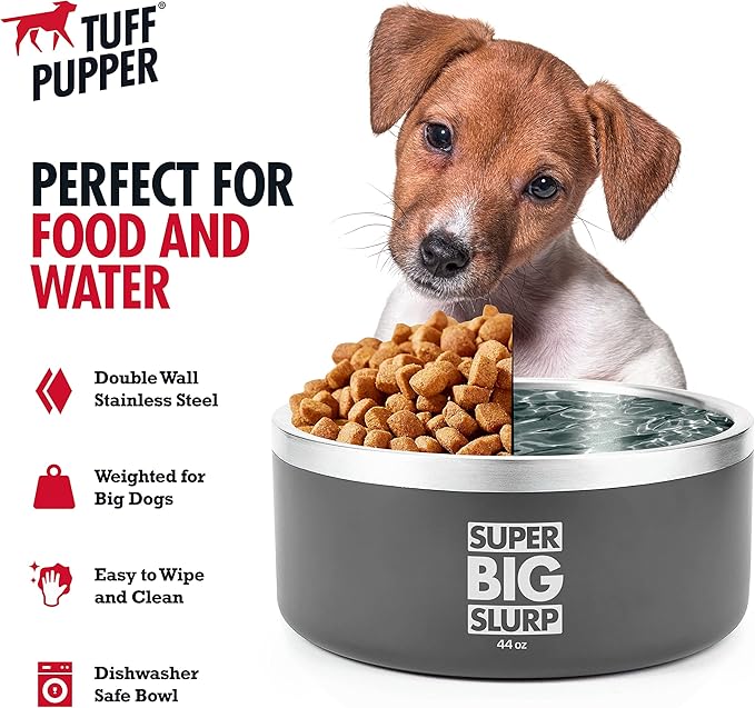 Tuff Pupper Heavy Duty Insulated Dog Bowl | Double Wall Stainless Steel Dog Food Dish | Non-Slip Spill Proof Dishwasher Safe Cat Bowl | Water Dish for Feeding Large Medium Small Pets (44oz, Grey)