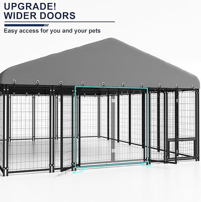 10X14FT Dog Kennel Outside Double Door Dog Kennel Outdoor with Feeding, Heavy Duty Outdoor Dog Crate Durable Dog Cage with Roof & Double Lock