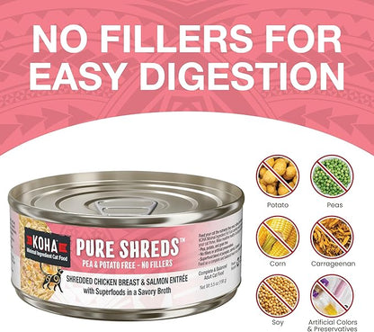 KOHA Pure Shreds Chicken and Salmon Entrée for Cats, High Protein Wet Cat Food, 5.5oz Cans (Pack of 12)