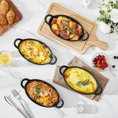 MALACASA Small Casserole Baking Dishes for Oven, Ceramic Oval Baking Dish Sets of 4, 8" x 5" Inch Au Gratin Baking Pans with Handles for Roasting, Lasagna, Pie, Baking Meat & Vegetables, Matte Black