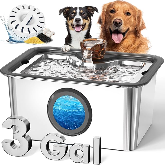 Dog Water Fountain for Large Dogs Stainless Steel 3 Gallon Big Pet Drinking Fountain with Filter, Electric Cat Watering Dispenser with Large-Filtration Area & Deeper Drinking Super Quiet