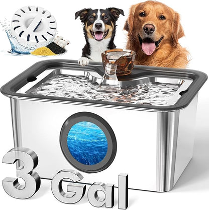 Dog Water Fountain for Large Dogs Stainless Steel 3 Gallon Big Pet Drinking Fountain with Filter, Electric Cat Watering Dispenser with Large-Filtration Area & Deeper Drinking Super Quiet