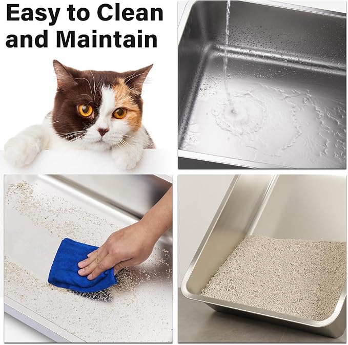 Stainless Steel Litter Box - 17.7" L x 13.77" W x 4" H Metal Cat Litter Box, Non Stick, No Smell, Easy Entry,Easy to Clean,Metal Litterbox for Kitten,Elderly Cats,Bunny