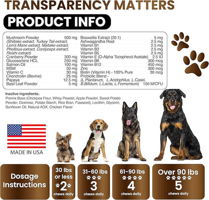 Mushroom Supplement for Dogs - 170 Chews - Mushrooms for Dogs - Turkey Tail, Reishi, Lion’s Mane, Glucosamine Multivitamin - Immune Booster, Gut, Hip & Joint Health Support Vitamins, Energy & Skin