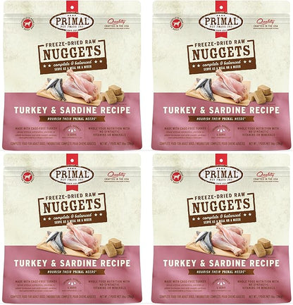 Primal Freeze Dried Raw Dog Food Nuggets, Turkey & Sardine, Complete & Balanced Meal, Also Use as Topper or Treat, Premium, Healthy, Grain Free, High Protein Raw Dog Food, 14 oz (Pack of 4)