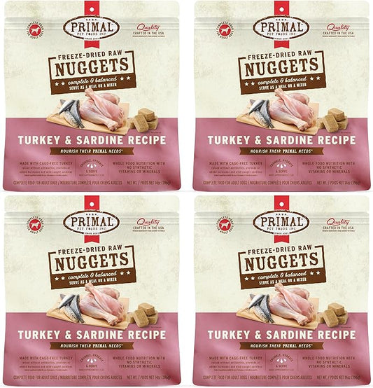 Primal Freeze Dried Raw Dog Food Nuggets, Turkey & Sardine, Complete & Balanced Meal, Also Use as Topper or Treat, Premium, Healthy, Grain Free, High Protein Raw Dog Food, 14 oz (Pack of 4)