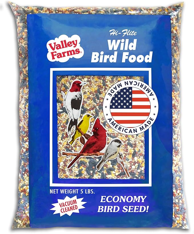 Valley Farms Hi-Flite Wild Bird Food (5 LB) Outside feeders, Bird Seed with Millet, Crack Corn, Black Oil Sunflower Seeds Birds, Economy Bird Seed for Outside Feeders, Birdseed
