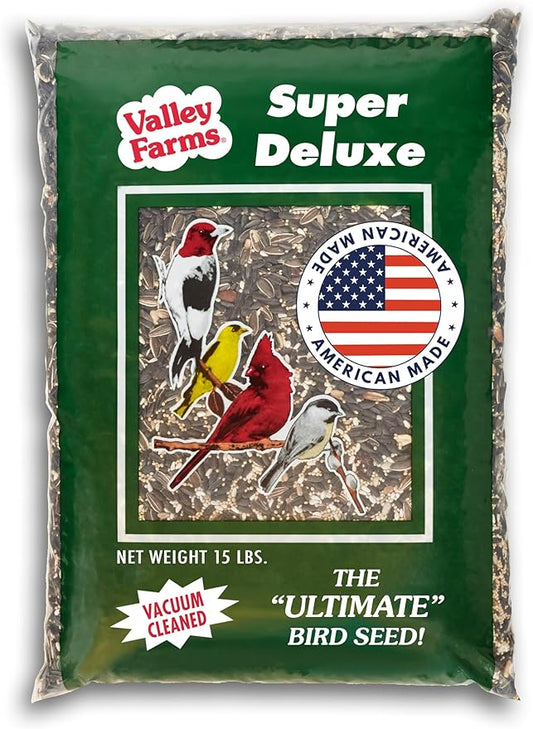 Valley Farms Super Deluxe Wild Bird Food (15 LB) for Outside feeders - 0% fillers - Loads of Sunflower Seed - w/Peanut kernels -Feed More Birds w/Less Seed