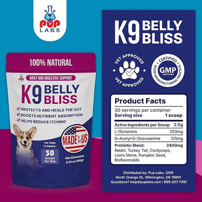 K9 Belly Bliss, All-Natural Gut Health for Dogs, Vet Approved Prebiotic for Dogs for Daily Digestive Support and Dog Constipation Relief, Easy to Use Topper for Dry and Wet Food, 30 Scoops.