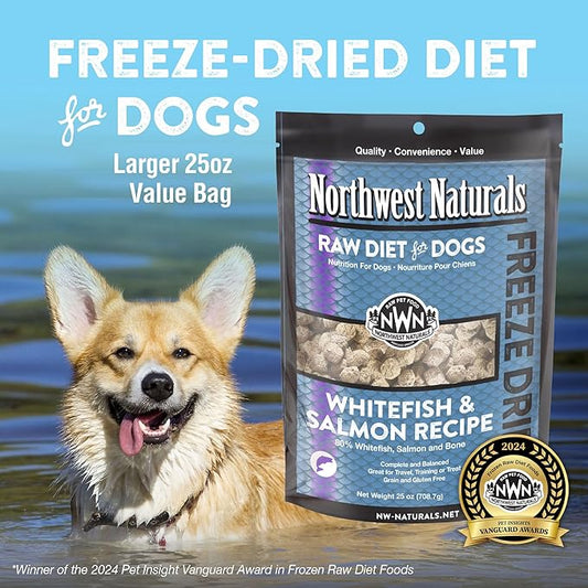 Northwest Naturals Freeze-Dried Whitefish & Salmon Dog Food - Bite-Sized Nuggets - Grain-Free, High-Protein, Raw Diet, Human-Grade Ingredients, All Natural, Omega-3 for Skin & Coat, Made in USA, 25 Oz