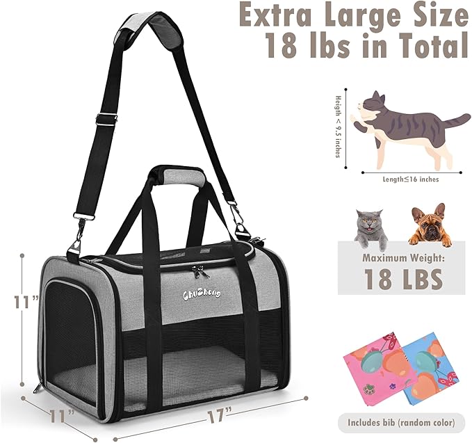 Airline Approved Pet Carrier for Cats & Small Dogs (Up to 18 Lbs) - Soft Sided Travel Carrier with Washable Pad (Grey)