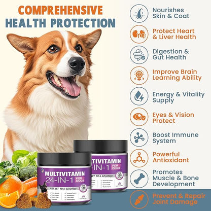 24-in-1 Dog Vitamins and Supplements 300 Ct Dogs Multivitamin Chewable Contain Chondroitin Probiotics Omega-3 Glucosamine for Dogs Skin Coat Heart Joint Gut Liver Brain Immune Support - Peanut Butter