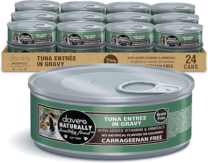 Dave's Pet Food Grain Free Wet Cat Food (Tuna Entree in Gravy), Naturally Healthy Canned, Added Vitamins & Minerals, 5.5 oz Cans (24 Pack)