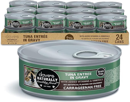 Dave's Pet Food Grain Free Wet Cat Food (Tuna Entree in Gravy), Naturally Healthy Canned, Added Vitamins & Minerals, 5.5 oz Cans (24 Pack)