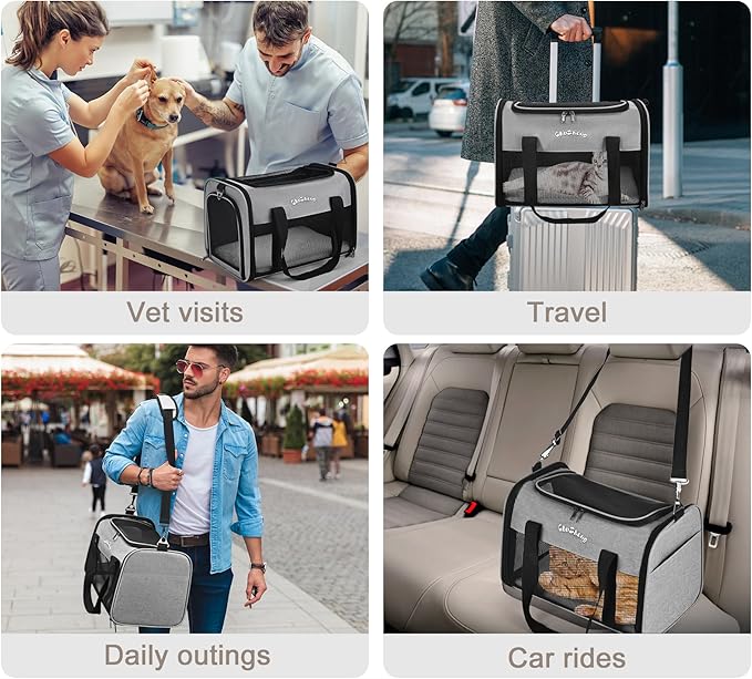 Airline Approved Pet Carrier for Cats & Small Dogs (Up to 18 Lbs) - Soft Sided Travel Carrier with Washable Pad (Grey)