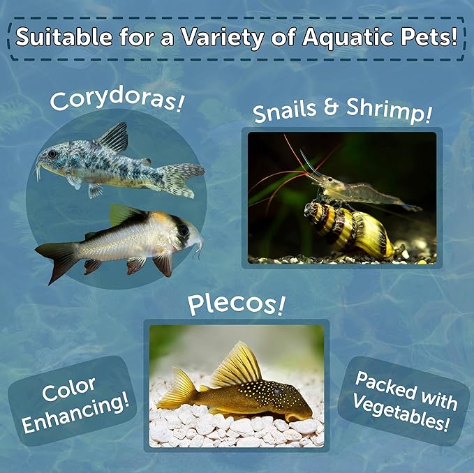 Aquatic Foods Inc. 3.5mm - 1/3" Small Sinking Wafers of Spirulina, Algae & Color Enhancing Wafers for Bottom Fish, Shrimp, Snails, All Fish. 4-Type Wafer & 12-Type Pellet Mix Included 6oz