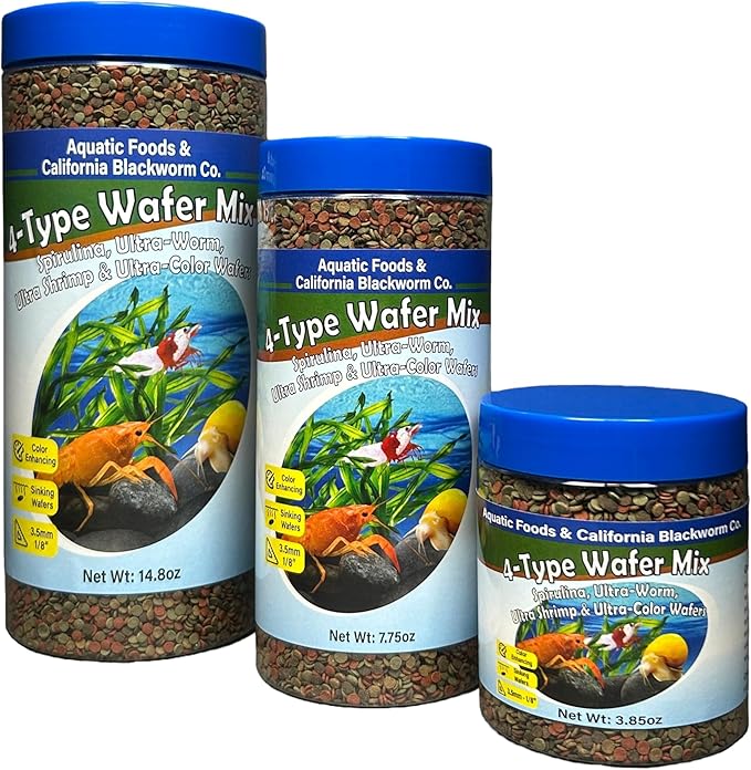 Aquatic Foods Inc. 4-Type 3.5mm - 1/8" Sinking Wafer Mix of Spirulina-Algae, Ultra-Worm, Ultra-Shrimp, Color Enhancing Wafers for Shrimp, Snails, Crabs, Crayfish, All Tropical Fish, 3.5mm..1-lb 4oz