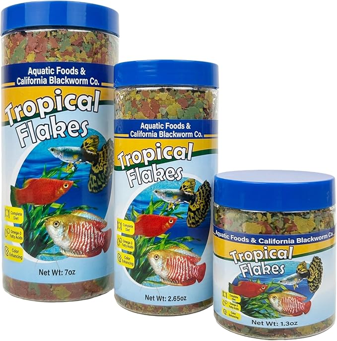 Aquatic Foods Inc. Premium Tropical Fish Flakes, for Angel Fish, Guppies, Live Bearers, Loaches, Gouramis, Cichlids, All Tropical Fish. 12-Type pellets and 4-Type Wafers Included..1.30oz Canister