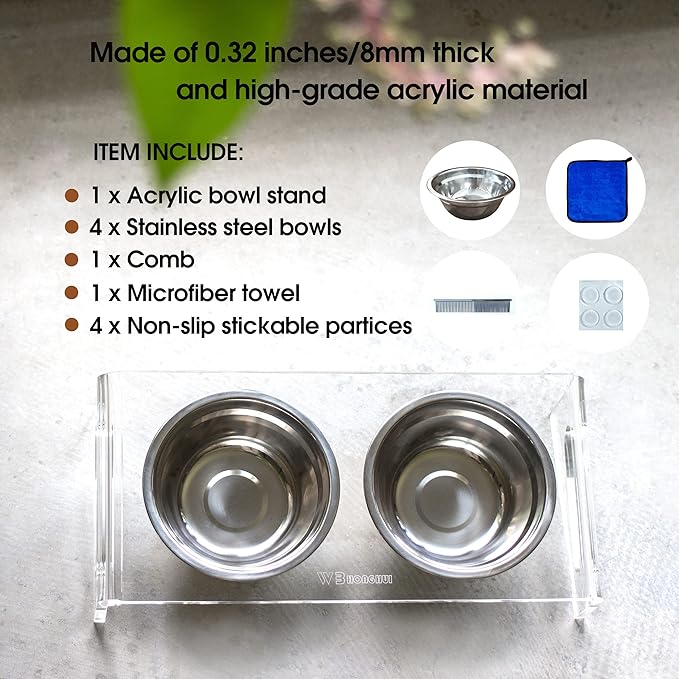 Tilted Raised Elevated Food and Water Bowls Stand for Cat or Small Dogs - Puppy's Clear Acrylic Stainless Steel Dishes Holder for Boy or Girl Pet,Modern,Durable and Easy to Clean by WBhonghui (Clear)