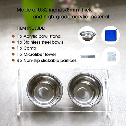 Tilted Raised Elevated Food and Water Bowls Stand for Cat or Small Dogs - Puppy's Clear Acrylic Stainless Steel Dishes Holder for Boy or Girl Pet,Modern,Durable and Easy to Clean by WBhonghui (Clear)