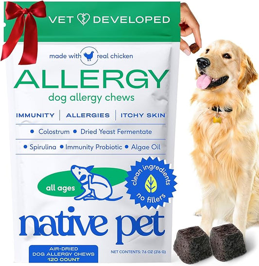 Native Pet Dog Allergy Chews - Dog Allergy Relief with Probiotics and Colostrum for Itchy Skin Relief to Support Seasonal Allergy and Healthy Immune System - All Natural Anti-Histamine - 120 Chews