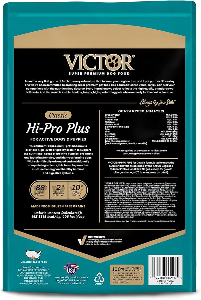 VICTOR Super Premium Dog Food – Hi-Pro Plus Dry Kibble – High Protein Dog Food with 30% Protein – Beef, Chicken, Pork, Fish Meals, Gluten Free - for High Energy and Active Dogs & Puppies, 5lbs