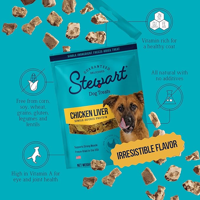 Stewart Single Ingredient Freeze Dried Raw Dog Treats, Chicken Liver, 3 Ounce, Approx. 55 Pieces per Resealable Pouch, Training Treats or Meal Topper, High Protein, Grain Free, Gluten Free