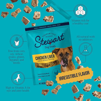 Stewart Single Ingredient Freeze Dried Raw Dog Treats, Chicken Liver, 3 Ounce, Approx. 55 Pieces per Resealable Pouch, Training Treats or Meal Topper, High Protein, Grain Free, Gluten Free