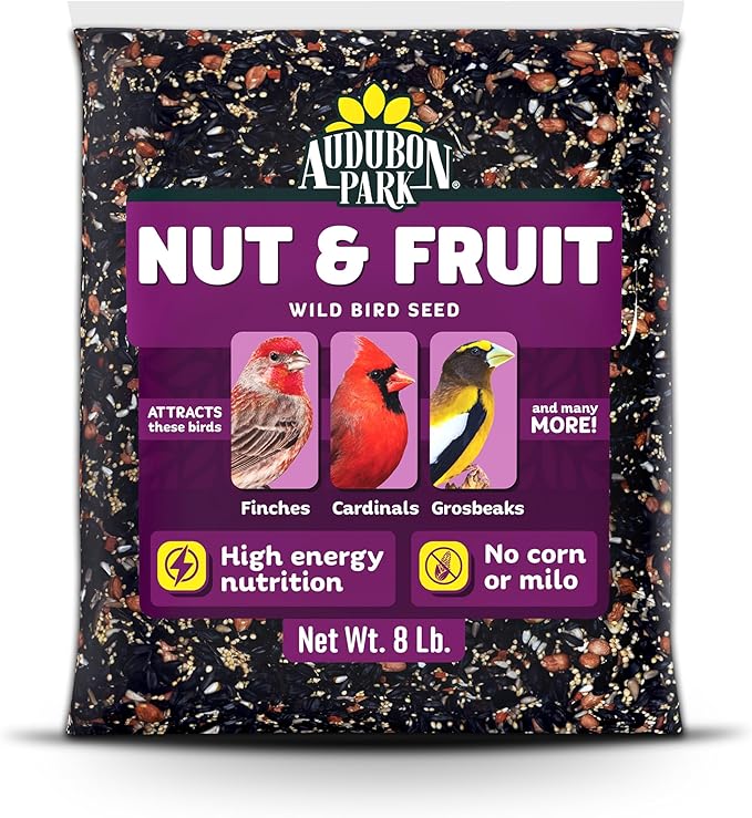 Audubon Park Nut & Fruit Wild Bird Seed – 8 lb. Premium Blend with Sunflower Seeds, Peanuts, Safflower & Dried Fruit – Bird Food for Outside Feeders