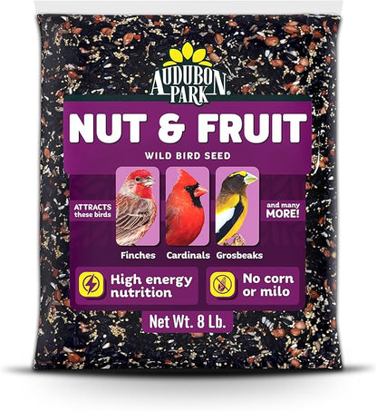 Audubon Park Nut & Fruit Wild Bird Seed – 8 lb. Premium Blend with Sunflower Seeds, Peanuts, Safflower & Dried Fruit – Bird Food for Outside Feeders