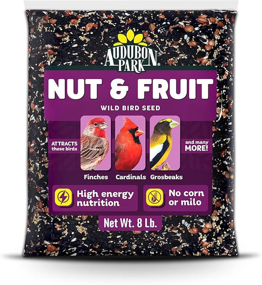 Audubon Park Nut & Fruit Wild Bird Seed – 8 lb. Premium Blend with Sunflower Seeds, Peanuts, Safflower & Dried Fruit – Bird Food for Outside Feeders