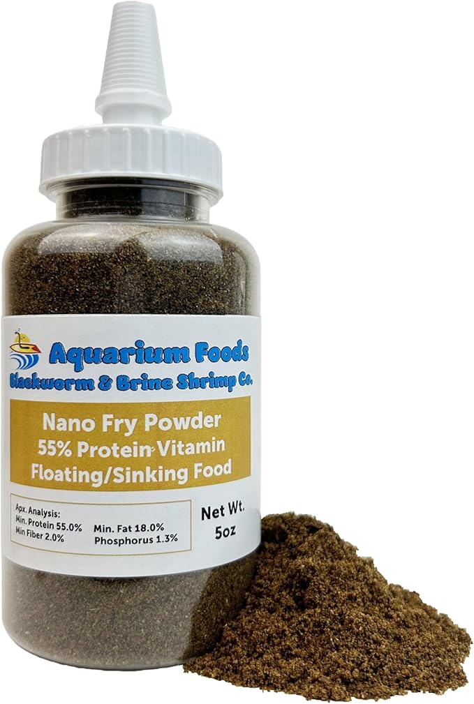 Aquatic Foods Inc. Nano Fry Powder, 55% Protein Vitamin Rich Floating/Slow Sinking Powdered Fry Growth Food for All Tropical Fish, Baby Cichlids, Bettas, Tetras, Guppies…5oz Squeeze Bottle