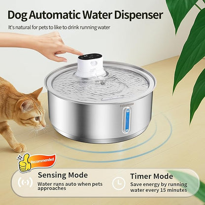 Wireless Dog Water Fountain, 2.1Gal/8L Battery Operated Stainless Steel Pet Water Fountain Motion Sensor Dog Water Bowl Fountain Large Dog Bowl Inside with 3 Filters and 2 Ultra Quiet Pumps