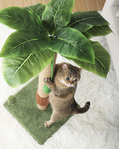 ANWA 35" Tall Cat Scratching Post for Kitten and Large Cats, Scratching Post for Indoor Cats with Self-Grooming Rubber Brush, Cat Sisal Post with Simulated Leaves