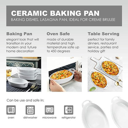 Bruntmor 8 x 5 inch Oval Porcelain Ceramic Deep Dish Au Gratin Pan Set of 4, Dual Handle Au Gratin Baking Dishes, Oven Safe Roasting Lasagna Pan For kitchen- White