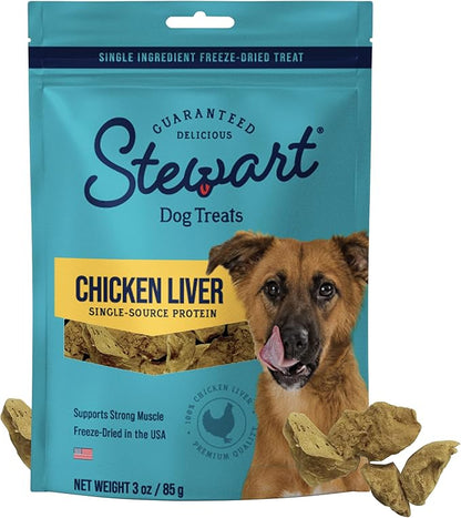 Stewart Single Ingredient Freeze Dried Raw Dog Treats, Chicken Liver, 3 Ounce, Approx. 55 Pieces per Resealable Pouch, Training Treats or Meal Topper, High Protein, Grain Free, Gluten Free