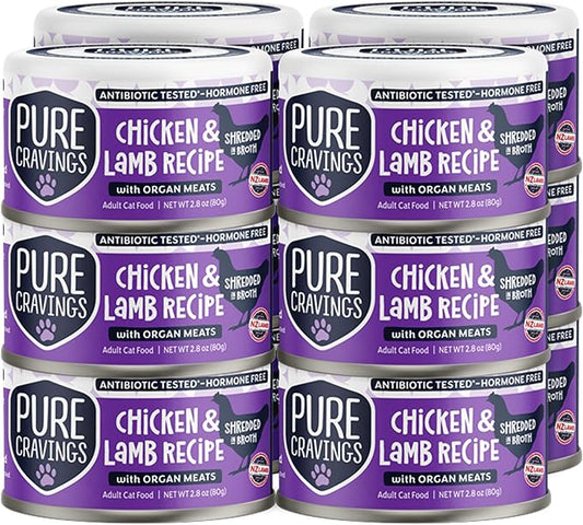 Chicken and Lamb Recipe in Broth, Shredded Wet Cat Food, Grain-Free Protein, Non-GMO, 12 Pack