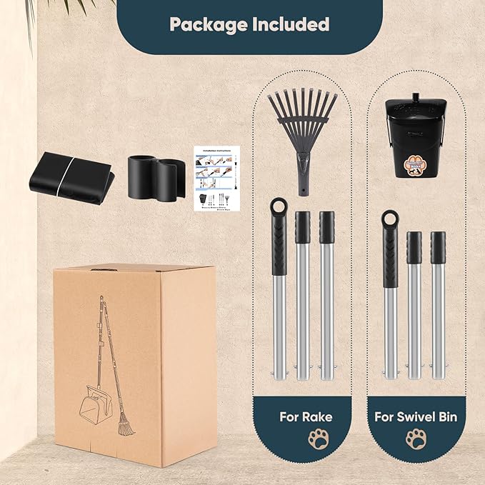 Stainless Steel Dog Pooper Scooper,40" Long Handle Swivel Bin and Rake,20 Waste Bags - Heavy Duty Portable Metal Poop Scooper for Large,Medium and Small Dogs