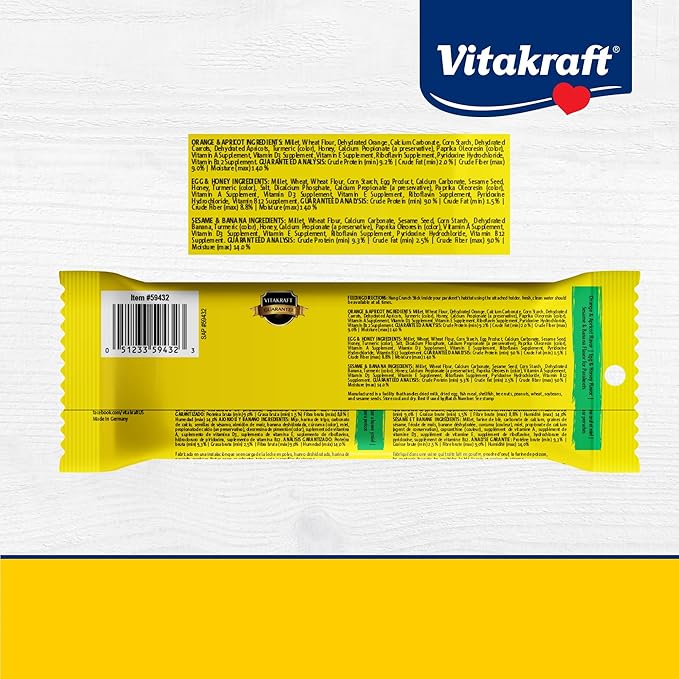 Vitakraft Crunch Sticks Variety Pack: Orange & Apricot Flavor, Egg & Honey Flavor, Sesame & Banana Flavor Treats for Parakeets, 2.4 oz